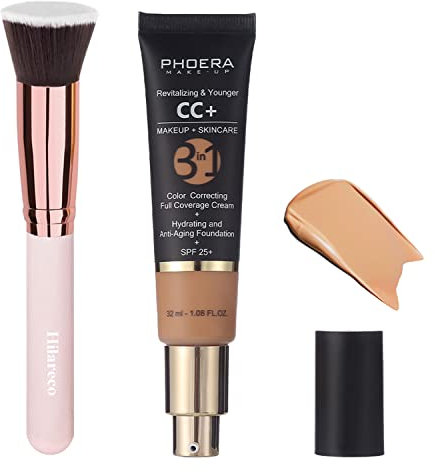 PHOERA CC Cream Foundation,PHOERA Full Coverage Foundation Color Correcting Cream,Anti Aging Hydrating Serum With Matte Natural Lightweight Finish,1.08 floz (140 Buff Beige)