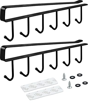 JINTANG Metal Under Cupboard Storage (Set of 2), Under Shelf Mug Holder, Under-Cabinet Hanger Rack with Adhesive/Screw, Narrow Door Hook Hanger for Towels Jackets Purses Bags Clothes Robes (Black)