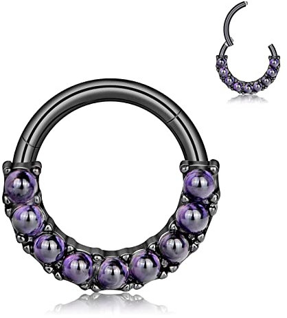 Longbeauty 16G Nasenpiercing Ring Hoops Septum Klicker Ohrringe Piercingsringe Opal Segmentringe Knorpelohrring 10MM für Damen Herren, 1 Pcs, Schwarz