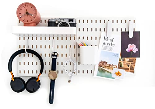 L'essentiel Home and Office Wall Organiser Pegboard 56 * 56cm Black Complete Set (4 Tiles of 28 * 28cm) and Accessories (Black) (White, 2 Panels Set)