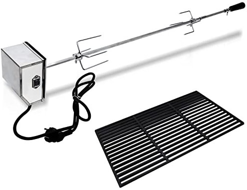 Sonnewelt 107cm Grillspieß Elektrischer mit 42 x 28 cm Grillrost, universal Edelstahl Drehspieß mit 2X Fleischnadeln, Motor, Grillspieß für BBQ Grill Gasgrill, Traglast 18KG, 220-240V, Silber