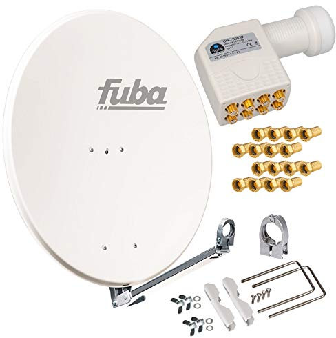 hb-digita & Fuba 80cm Satellitenantenne DAL 800W weiß Aluminium Schüssel Reflektor Spiegel Klapparm + HB-DIGITAL octo LNB 8 Teilnehmer UHD weiß + vergoldete F-Stecker