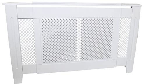 Adjustable Radiator Cover White Painted MDF Wooden Trellised Grill Style Home Furniture Cabinet Shelf Display Protective Modern Heating Living Room Bedroom Hallway Decorative, 1400mm – 1920mm
