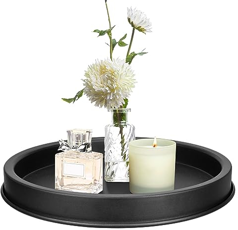 Decorative Tray Diameter Ø 30 cm, Round Perfume Plate, Candle Trays Decorative, Non Slip Tableware Round Serving Tray, Food Tea Platters with 2 Cleaning Cloths, Black Metal Tray for Coffee Table