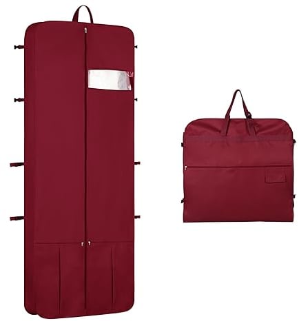 Univivi Premium Kleidersack Lang, 182cm Kleidersack Brautkleid mit Schuhfach, Kleidersäcke mit 4 Reißverschluss Taschen, Faltbarer Wasserdichter Kleidersack Reise für Abendkleider - Burgunderrot