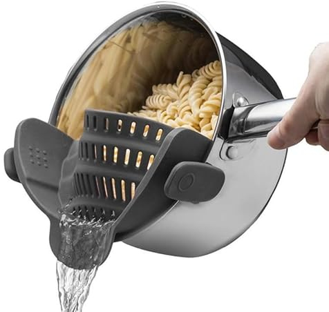 Volunx Grey Strainer Pan Silicone Clip on Pot Drainer Fruit Colander Food Filter Kitchen