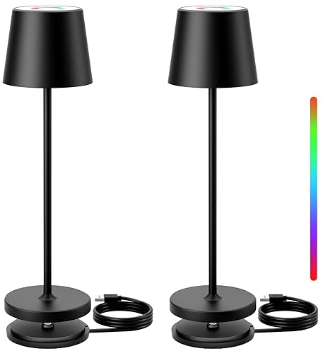 Keepoo LED Tischleuchte 2 Stück, Akku Tischlampe Kabellos, Dimmbar Touch Tischleuchte mit USB-Kabel, Warmweiß & 8 RGB Farben Outdoor Tischlampe für Restaurant, Schlafzimmer,Bar,IP54,Schwarz