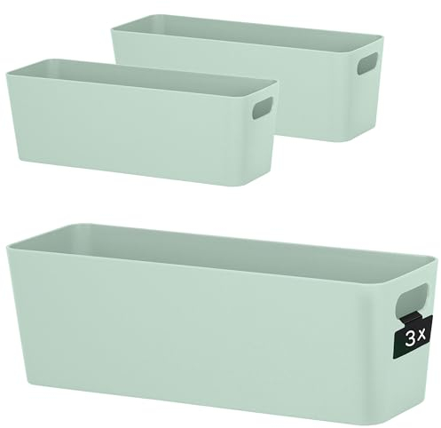 Hummelladen 3x Ordnungsbox 10 cm hoch - GRÜN - 30x10x10cm 2 Liter - mit Beschriftungsclip Ordnungskorb Schublade Organizerbox Ordnungssystem Kunststoff Aufbewahrung Korb Schrank Schreibtisch Kiste