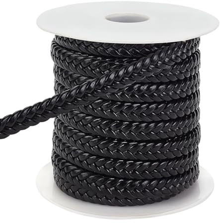 PH PandaHall 10m Cordon Tressé Plat, Cordon en Cuir Tressé Noir 9.5x3.5 mm pour Décoration de Vêtements, Fabrication de Bijoux, Projets de Bricolage Tressés, Cordon Tressé en Faux Cuir