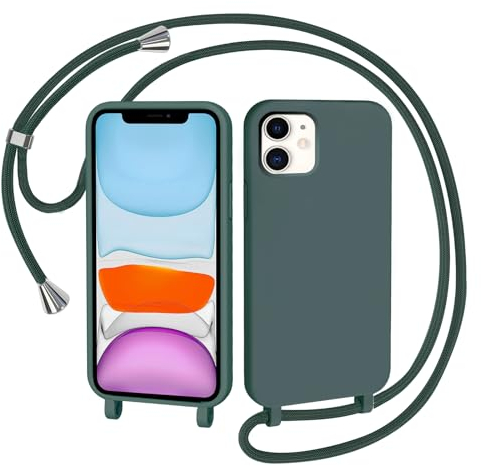 AOMYKE Funda para iPhone 11 con Cuerda, Silicona Líquida Carcasa con Cordón Correa Colgante Ajustable Collar Correa Teléfono Case Cover, Verde