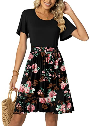 Aodemo Women Casual Summer Empire Waist Short Sleeves Work Dresses Ruffle Hem Swing Tie Waist Beach Dress 2XL, Black/Rose Black