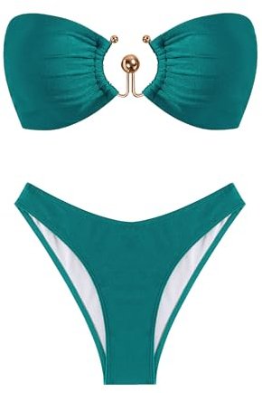 ZAFUL Damen Bandeau-Bikini-Set, metallisch, glitzernd, O-Ring, Schnürung, hoher Schnitt, Tanga, sexy Badeanzug, A-pfau blau, Medium