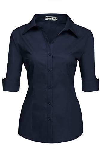 Hotouch Camicetta da Donna con Manica a 3/4 Camicia con Scollo a V Camicetta di Base Slim Fit con Knop Bar Tops Casual Cotone Blu Navy M