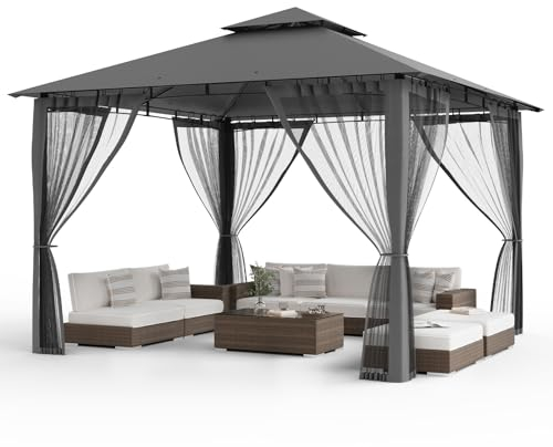 Amopatio Garten Pavillon 3.4x3.4 Wasserdicht Stabil Winterfest, Doppeldach Gartenpavillon mit Moskitonetz, Deluxe Patio Gazebo Wetterfest, Partyzelt Gartenlaube Metall für Pool Seite, Terrasse, Grau