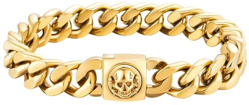 KRKC&CO 12mm Herren Armband mit Totenkopf Verschluss, 18K Gold beschichtet Panzerarmband, breite dicke Edelstahl Cuban Armband, Hip Hop Wikinger Biker Schmuck Geschenk für Männer Jungs [Länge 19cm]