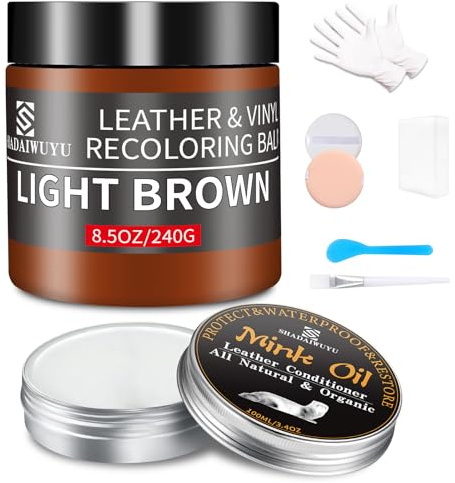 240g Lederpflege Auto mit Lederfett(100ml),Leder Reparatur Set Hellbraun,Flüssigleder,Lederfarbe,Kunstleder Reparaturset zum Reparieren von Sofas,Vinylmöbeln,Autositz bei Verblassen und Kratzer