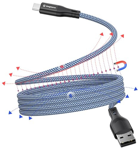 Magtame Magnetic 1M Retractable USB C Cable, Coiled USB A to C, Nylon Braided Fast Charging, Compatible with Samsung, Pad, Blue