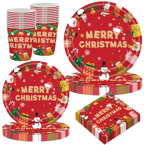 Wentsent Juego de vajilla de fiesta de Navidad, 68 unidades, color rojo, juego de vajilla desechable con platos de papel, vasos de papel para Navidad, fiestas, decoración de mesa, Nochevieja