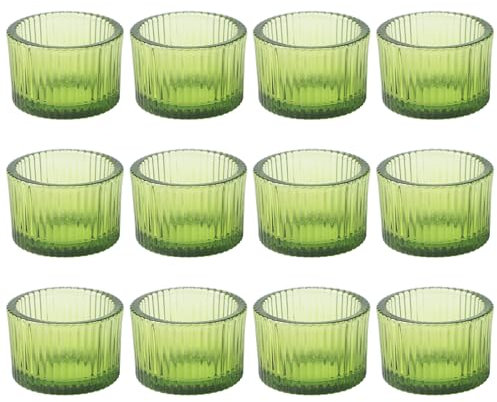 Lot de 12 bougeoirs en verre vert à rayures verticales pour bougies chauffe-plat vintage, centre de table, support romantique pour décorations de tables de mariage