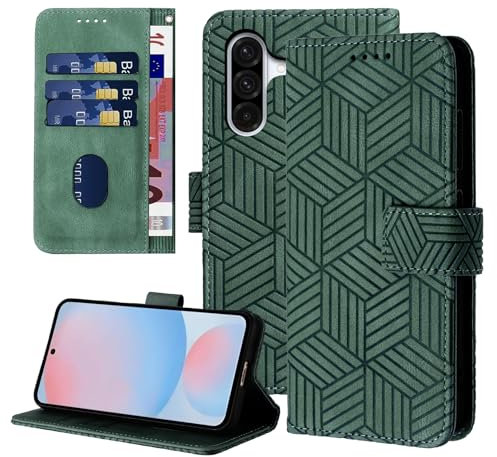 Auslbin Funda con Tapa para Samsung Galaxy A56 5G 6.64, Funda Samsung A56 Protectora Estilo Geométrico con Hebilla Magnética Móvil de Cuero PU, Verde