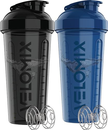 VELOMIX 2 Pack 828ml Protein Shaker Bottle, Blue/Black | 2x Wire Mix Ball, Leak Proof Shaker Cups for Protein Shakes, BPA Free, Dishwasher Safe, Gym and Pre Workout