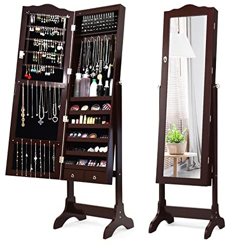 RELAX4LIFE Armoire à Bijoux sur Pied avec Miroir Réglable et Lumières LED, Porte Verrouillable avec Clé, 160 x 41,5 x 37CM