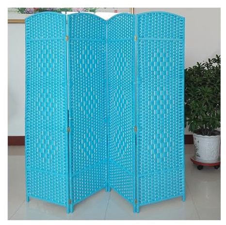 Raumteiler aus gewebtem Rattan, 3 Paneele, faltbarer Paravent, freistehende Trennwand (blau, 80 x 40 cm)
