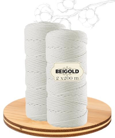BEIGOLD® Premium Makramee Garn 3mm x 200m - Makramee Set Basic Natur (2 x 200m) - Baumwollmischgarn zum Knüpfen von Macrame - Rope Garn - Makramee Garn Set aus Baumwolle für Kunst DIY