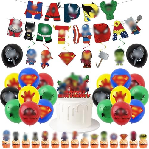 Superhero Themed Birthday Party Decorations for Boys - Complete Super hero Party Kit with Banner, Hanging Swirls, Balloons & Cake Toppers | Super-hero Kids Supplies for Birthday Celebrations