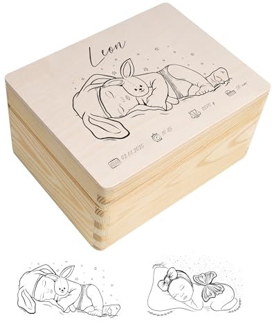 Creative Deco Erinnerungsbox Baby Personalisiert mit Namen | 19,5 x 15 x 10 cm | Individuelle Erinnerungskiste Geschenk zur Geburt für Mädchen und Jungen | Holzkiste mit Deckel | Farbdruck