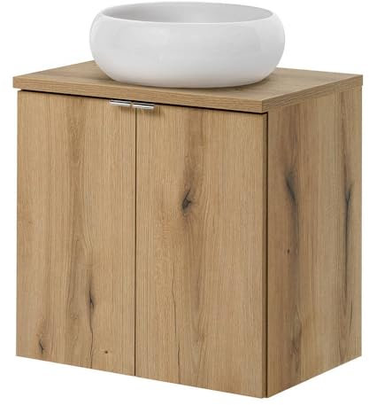 [en.casa] Mueble de Baño con Lavabo Redondo Newport Instalación Mural Armario Baño con 2 Puertas y Encimera 1 Lavabo de Cerámica MDF 60x72x40cm - Roble