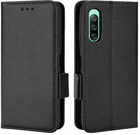 XFDSFDL® Schutzhülle für Sony Xperia 10 IV XQ-CC54/ XQ-CC72 (6,0 Zoll) PU Handyhülle Flip Cover Litchi Muster mit Ständer Taschen Magnetische Seitliche Schnalle Brieftasche Handytasche Schwarz