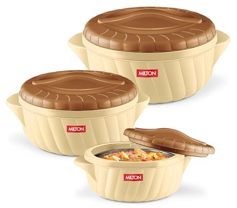 Milton Flora Regular Set Insulated Inner Steel Casserole for Roti 3Pc (750ml 1.25L & 2.1L) Hot Box for Kitchen, Hot Pot with Lid, Chapati Box, Roti Casserole, Serving Boxes, Hotcase, Silky Cream