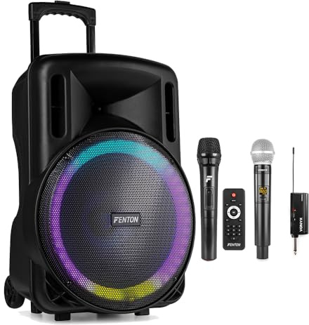 Fenton FT15LED MK2 Portable Battery Powered Bluetooth PA System with Wireless Microphones, 800W Active 15-Inch Speaker, USB Media Playback & LED Effects for Events & Fitness Sessions