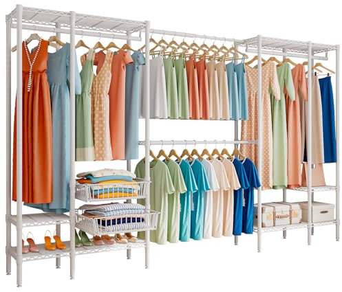 FTEYUET Schwerlast Kleiderständer Kleiderstange, Metall Kleiderschrank, Garderobenständer Erweiterbare Offener Kleiderschrank Kleiderbügel mit 2 Schiebe Korbs, (249-297) x 40 x 192 cm (Weiß)