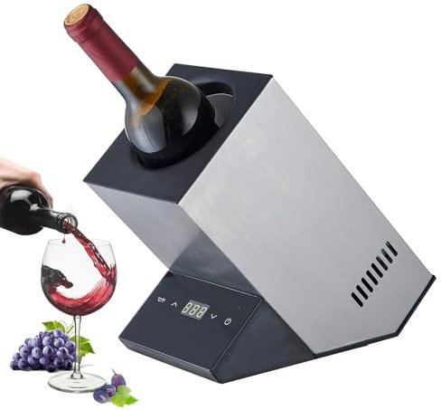 CHANGLKJ Single Bottle Wine Cooler, Electric Wine Bottle Chiller with LCD Display, Temp 5℃-18℃ Adjustable and Fit Single 750ml Wine Bottle, Durable Brushed Metal Inner Barrel, for Home, Car, Parties