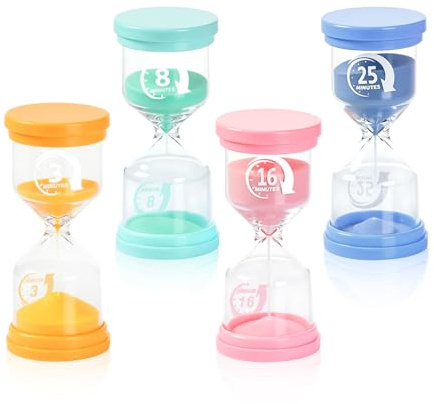 Sablier pour Enfant, Minuteur Sabliers 4 Couleurs 3/8/16/25 Minutes, Coloré Sablier Minuterie Ensemble, Horloge de Sable Hourglas pour Jeux, Cuisine, Exercice, Etude, Brossage