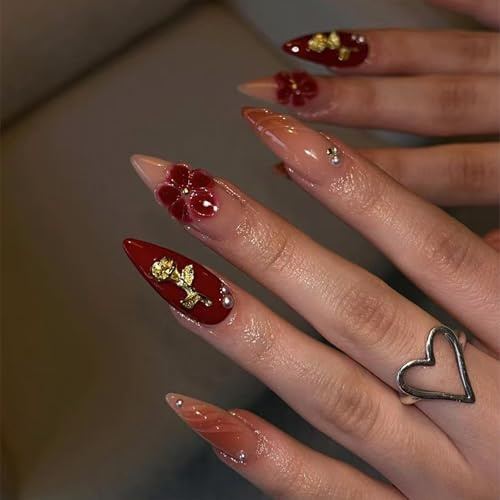 Nymora Handmade Press On Nails Almond Set - 24 Pieces Long Almond Shape Jelly Gel False Nails with Red 3D Flower Design - Durable and Comfortable, Easy to Use for Women and Girls