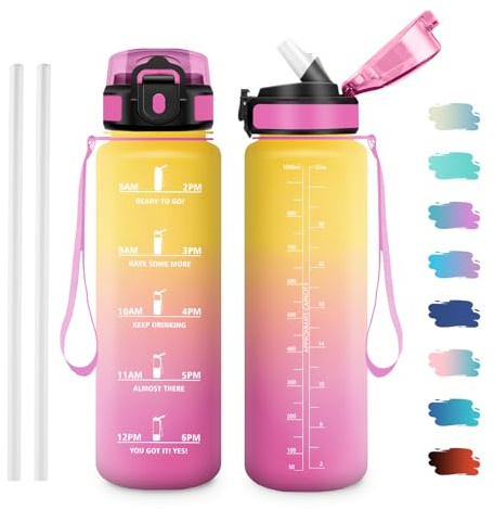 JAPORIA Gourde Sport 1L, Bouteille d'eau avec Paille, Bouteille sans BPA, Étanche, Gourds pour l'école, Bureau, Sport, Yoga, Fitness