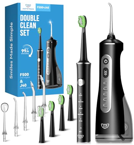 JTF Elektrische Zahnbürste & Munddusche Set – 2-in-1 Mundhygiene Tragbares für Effektives & Sanftes Reinigen, Mehrere Modi Zahnspangen & Empfindliches Zahnfleisch, Kabellos Zuhause & Reise (Schwarz)