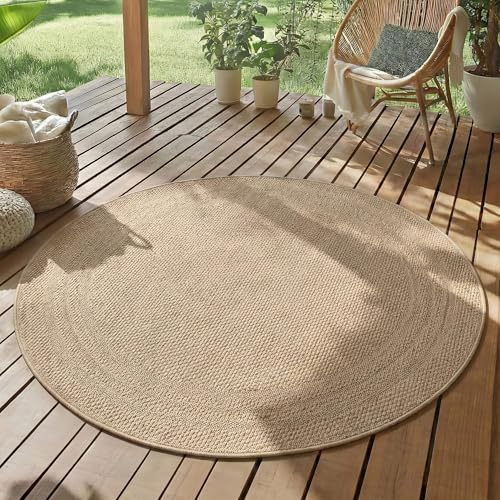 SIMPEX Outdoor Teppich Rund 160 cm Beige Wetterfest UV-beständig Robust Pflegeleicht Einfarbiges Bordüren Design für Terrasse Garten Wohnzimmer
