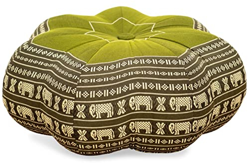 livasia Meditationskissen Stern groß - Ø 40x20cm - Yogakissen mit Kapok, Pouf, Bodenkissen sternförmig Yoga Zen Meditation, Zafukissen Garten Balkon, Sitzkissen handgefertigt (Grün/Elefanten)
