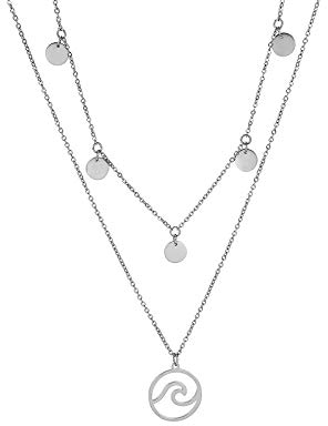 MENDOZZA Damen Hals-Kette Double Layer Petite Collection Wellen Anhänger Edelstahl Collier 18 Karat Damen-Schmuck 5 Coin Wave Silber 46 cm