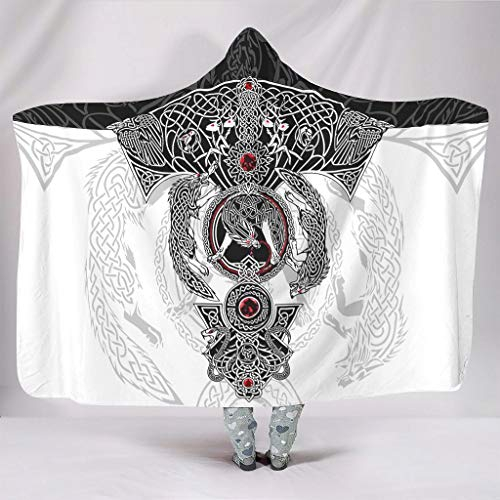 Weiche Decke mit Kapuze, Wikinger Odin Rabe Muninn Keltischer Wolf, Schleife, Tattoo, Druck, warm, Winter, Sherpa, Magisch, Hoodie, Decke, Reisen, Sofa-Cape, Dekoration, Weiß, 150 x 200 cm