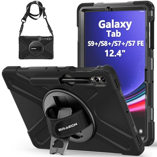 BRAECN Hülle für Samsung Galaxy Tab S10+ / S9+ / S9 FE+ / S8+ / S7 FE / S7+ 12.4 Zoll, Stoßfeste Robuste Schutzhülle mit Stifthalterung, 360° Drehbar Ständer und Handgurt, Schultergurt, Schwarz