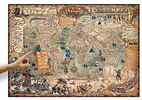 Wandkarte The Age of Pirates 137 x 97 cm, Piraten-Weltkarte mit stilechten, gezeichneten Piraten-Illustrationen als Wand-Poster