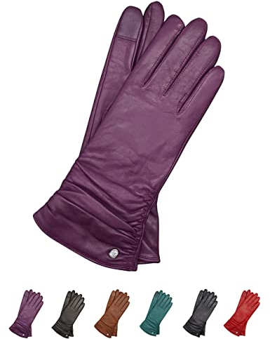 AKAROA ESTD 2019 Lederhandschuhe Damen BEA, Touchscreen Funktion, italienisches Leder, recyceltes Strickfutter aus 50% Kaschmir und 50% Wolle, 4 Größen S - XL, beere, M - 7,5