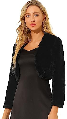 Allegra K Abrigo de piel sintética de manga larga sin cuello, chaqueta corta con parte delantera abierta y corta para mujer Negro M