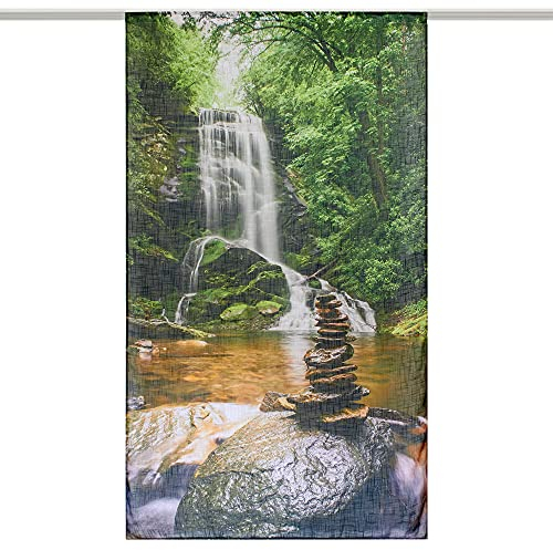 La-Melle. print your style. Lichtdurchlässige Gardine in Leinen-Optik - Motiv Wasserfall - B 140 cm - L 245 cm - Kräuselband - 1-teiliger Vorhang aus transparentem Stoff mit 12 Haken für Schiene