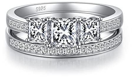 Jiamiaoi Damen Silber 925 Weißgold Ring Set - Braut Hochzeit Breiter Diamant Verlobungsring Ehering - Größe 55